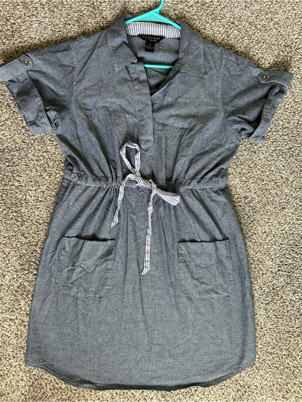 Signature by Robbie Bee Chambray Drawstring Mini Dress Size 12